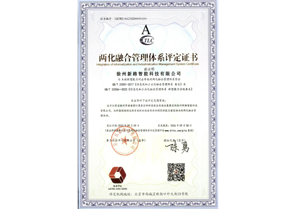我司喜获“两化融合管理体系A级”评定证书